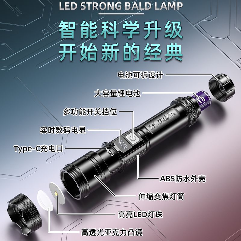 デジタル電気ディスプレイ付き強力な光 LED 懐中電灯、伸縮ズーム、高輝度、長距離、家庭用取り外し可能なリチウム電池|undefined