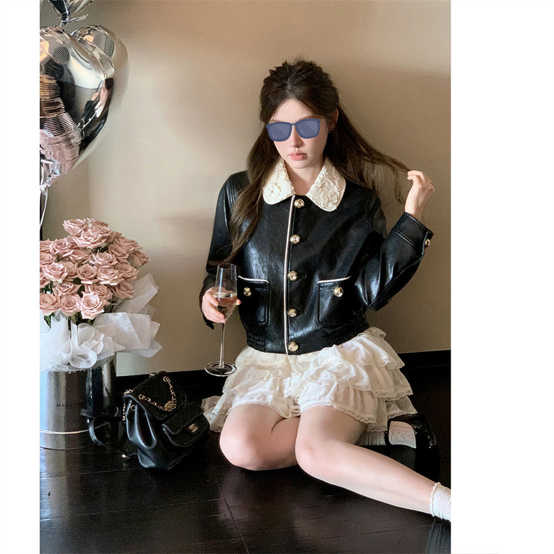 杨小卷 miu系千金风娃娃领环保皮衣女短款夹克小香外套小个子穿搭|undefined