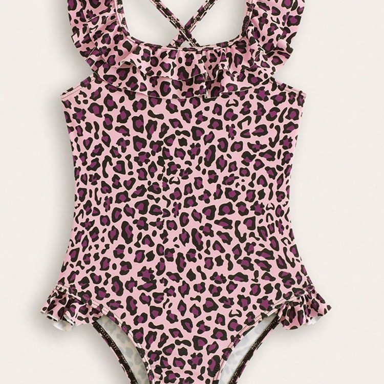 Macacão infantil com estampa de leopardo e babados para meninas, estilo praia fofo, ideal para meninas de 3 a 7 anos._voghion.com
