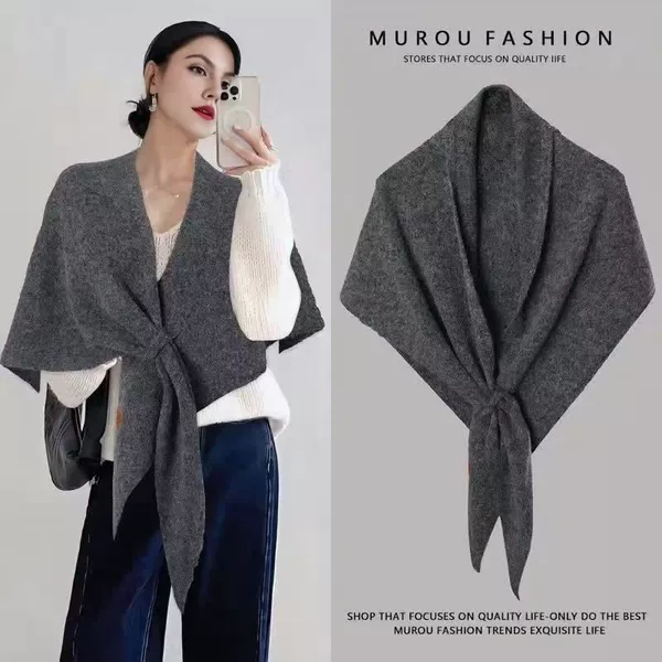 2026 New Autumn and Winter Solid Color Versatile Wool Blend Triangle Shawl Warm Thick Knitted Scarf for Women