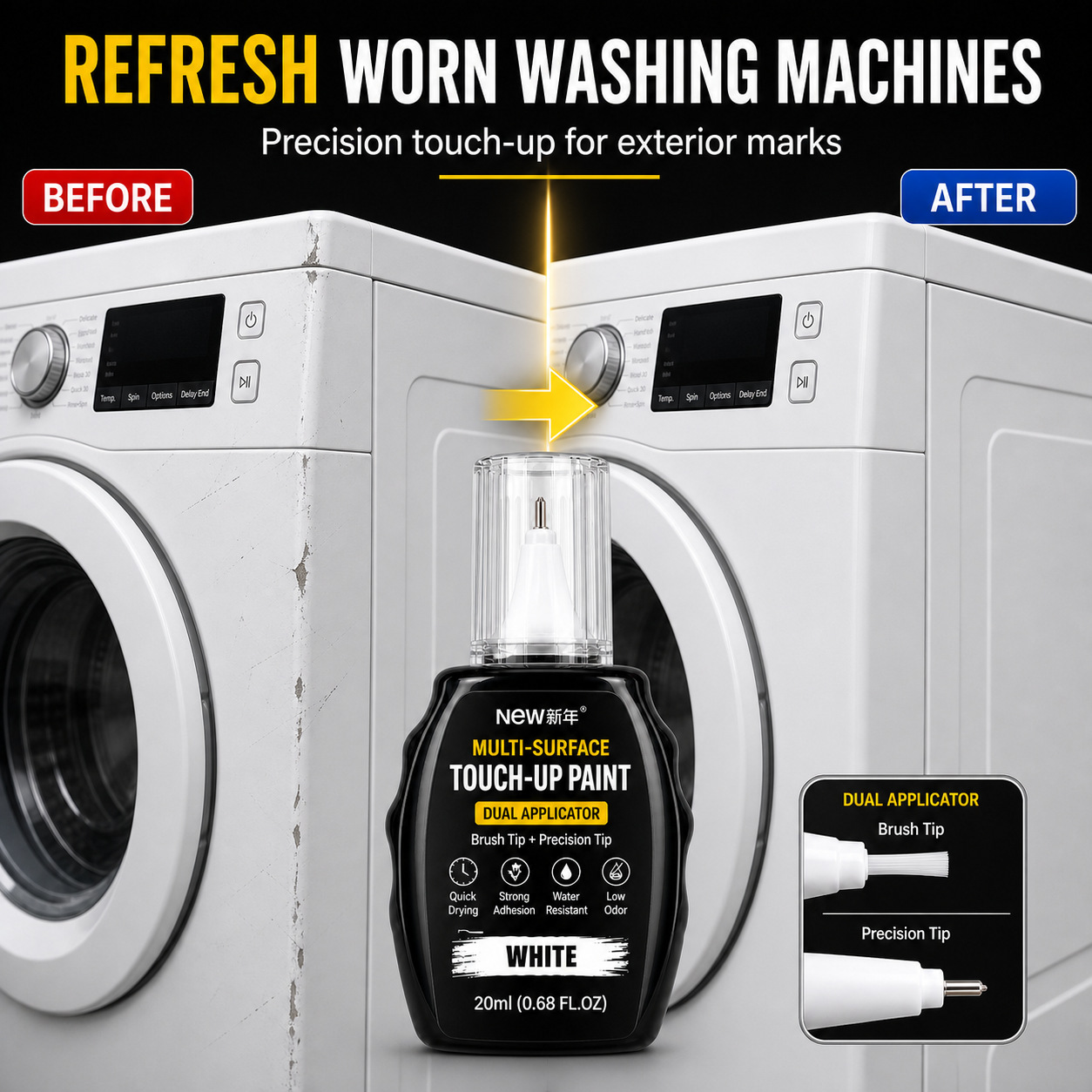 Cross-border white appliance repair paint for washing machines and refrigerators, scratch and paint chipping repair touch-up pen, dual-tip dot-paint repair liquid