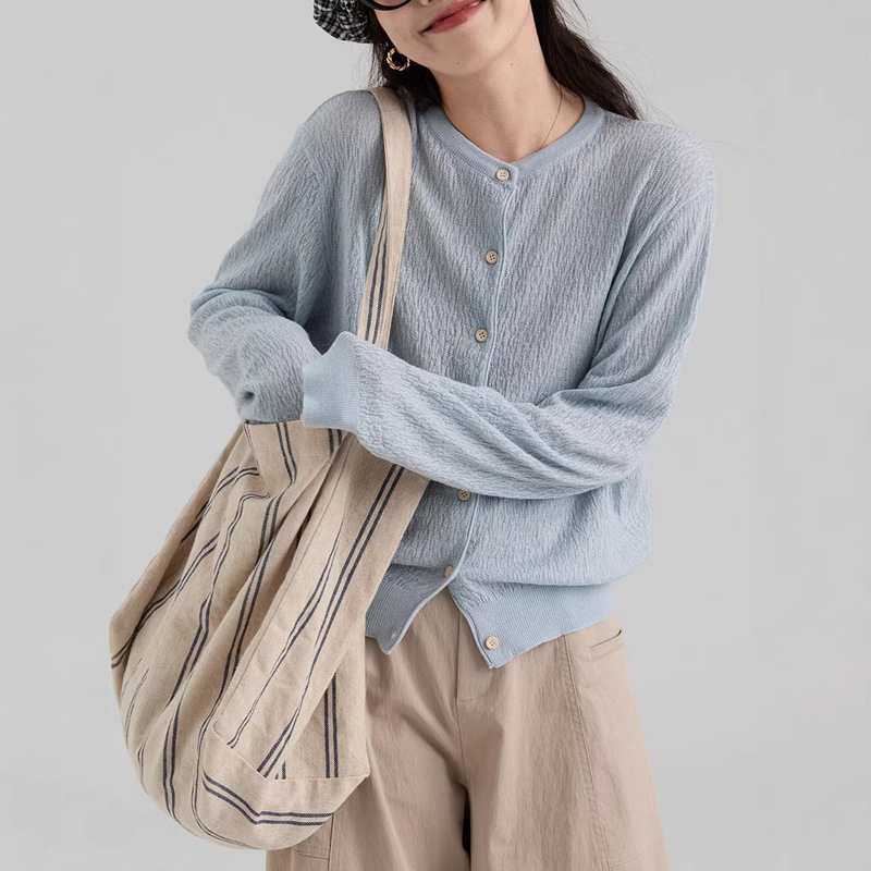 Spring Is Not Too Late: Spring Textured Round-Neck Knit Cardigan for Women, Loose and Lightweight, 2026 New Style Ins