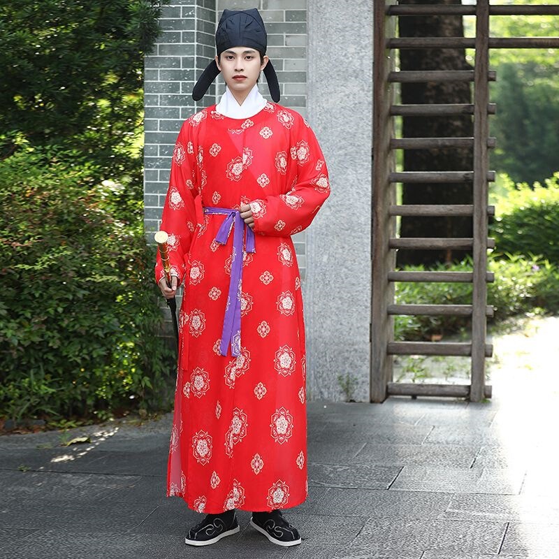 Men's summer thin Hanfu robe with round collar, chiffon floral print, martial arts style, scholar red Chinese style men's version Men's summer thin Hanfu robe with round collar, chiffon floral print, martial arts style, scholar red Chinese style men's version