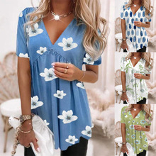 亚马逊速卖通2022欧美夏季新款V领爆版印花套头短袖T恤上衣女装