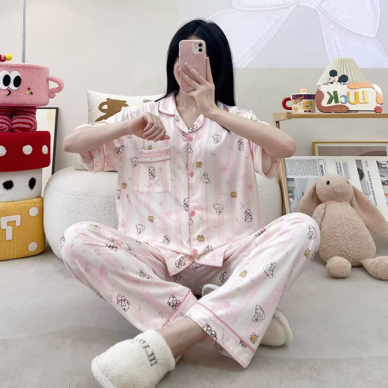 Transfronterizos al por mayor algodón solapa casa pijamas de niñas pantalones largos de manga corta lindos y sueltos se pueden usar con dos piezas image 7