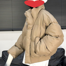 跨境美式冬季复古PU皮宽松短款棉服男女立领高级加厚外套情侣棉衣