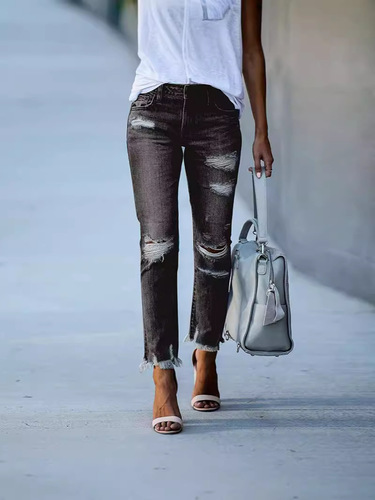 Source Origin Amazon Wish Cross-border Independent Store Women's Slimming Solid Color Easy-to-Wear Hole Straight Leg Jeans