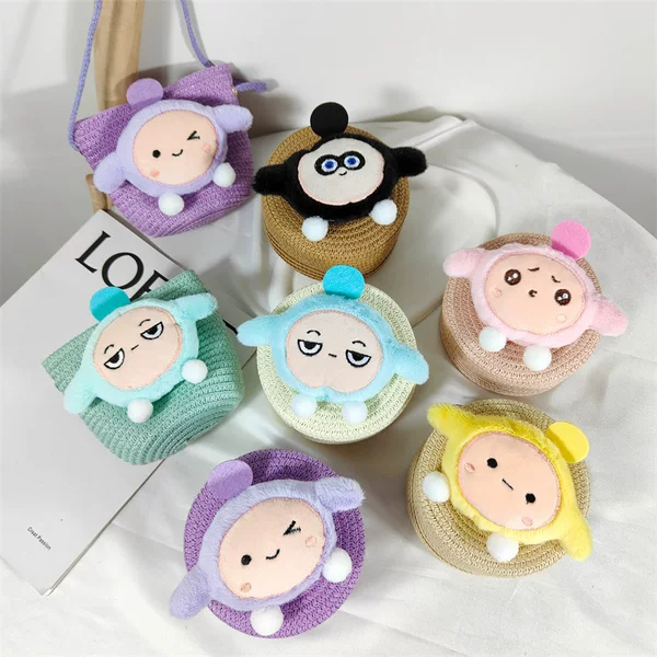 New spring and summer children's cartoon straw bag cute round small square bag round bag shoulder crossbody small bag coin purse