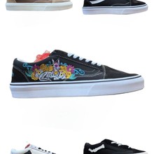 莆田外贸纯原万斯 Skool黑蓝骷髅头印花男女情侣休闲运动帆布板鞋