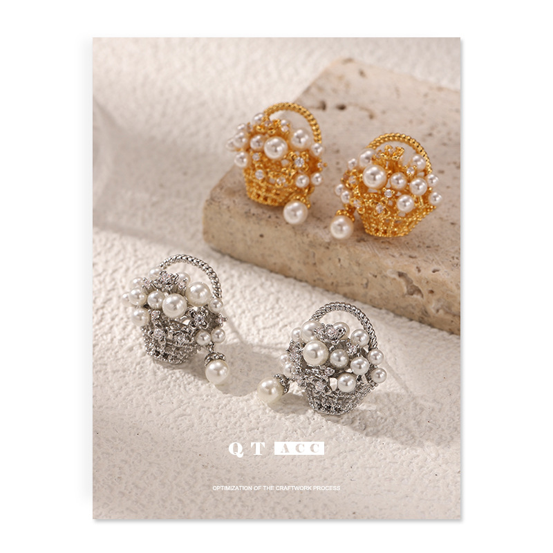 Europa y América retro estilo francés de alto nivel de nicho de diseño de viaje universal zircon perla canasta pendientes para mujeres image 3