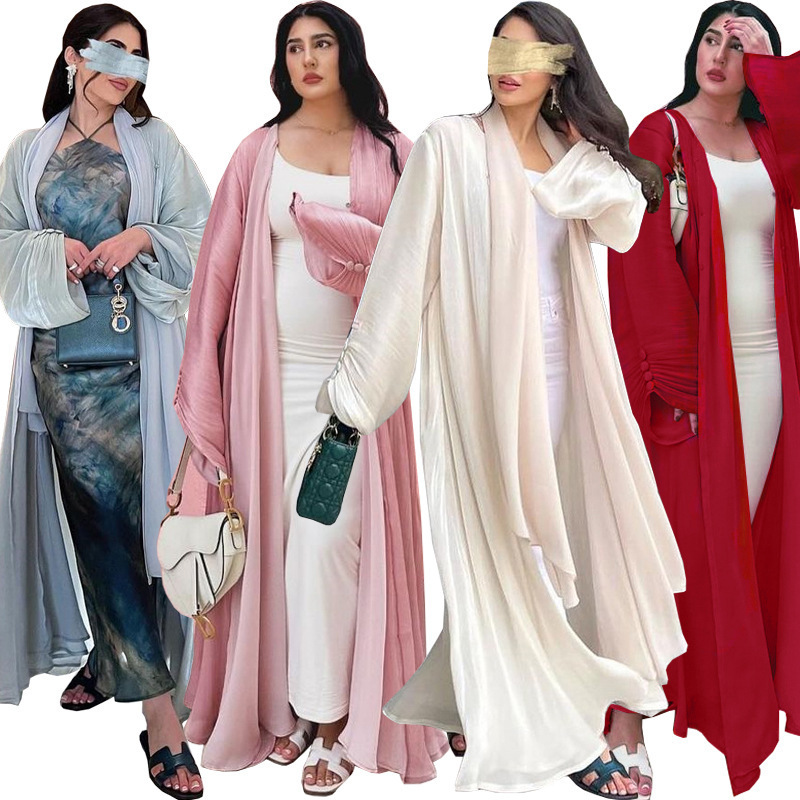 Ln098 Middle Eastern Modest Women's Muslim Robe Abaya Dubai Outerwear Shiny Silk Dress with Elegant Temperament