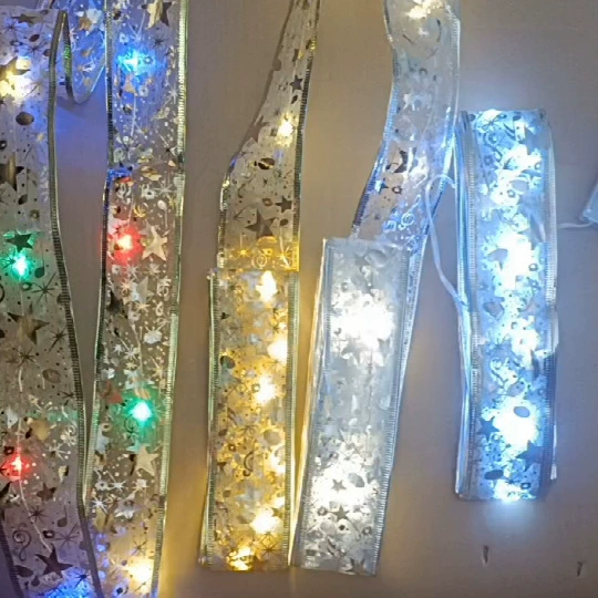 Christmas LED ribbon lights, golden/silver silk, 3.8/5 cm, 1–10 m, battery or remote power options