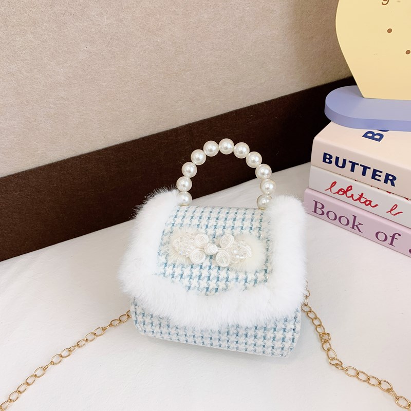 2025 bolsos de Año Nuevo para niños bolsos de perlas princesa de estilo cuadrado bolsos de hombro de cadenas de peluche niñas