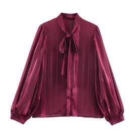 速卖通批发春季新款女装百搭单排扣长袖蝴蝶结饰飘带雪纺休闲衬衫