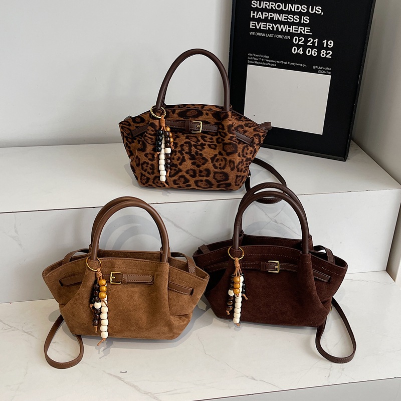 Retro Market Basket Small Bag For Women 2026 New Suede Handheld Bucket Bag Autumn Winter Leopard Print Crossbody Bag - Thumbnail 4