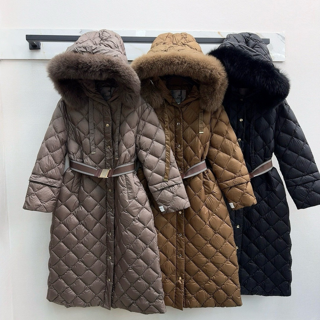 유럽과 미국의 MAX 홈 대외 무역 품질 하이 엔드 유럽 패션 벨트 마름모 롱 화이트 구스 다운 재킷