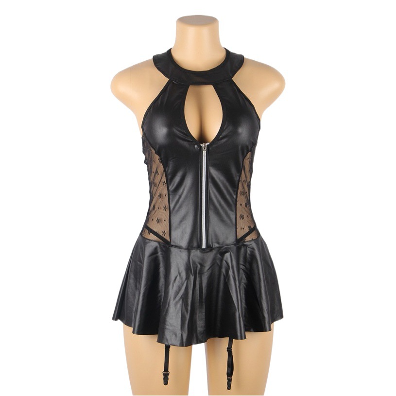 El Comercio exterior europeo y americano negro sexy backless cuero encaje costura Liga ropa interior sexy camisón de una pieza de entrega 0941