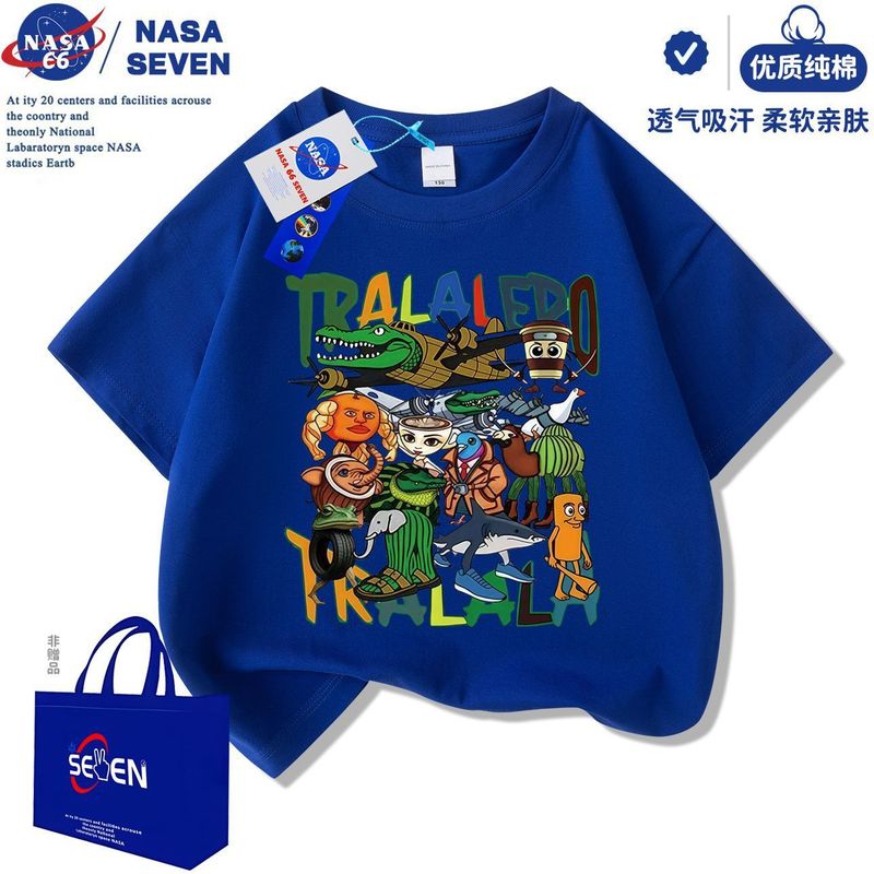 NASA通通哥木棍人儿童短袖国外山海经衣服夏季鲨鱼纯棉T恤中大童|undefined