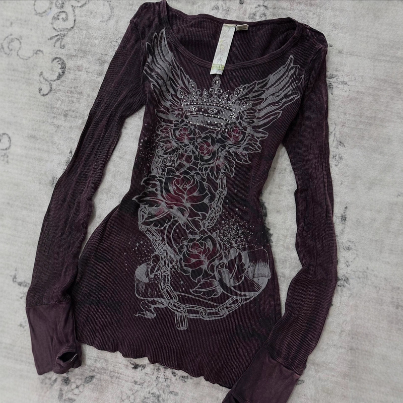 American Subculture Gothic Retro Millennium Style Dark Style Y2K Hot Girl Long-Sleeved Printed Rhinestone T-Shirt