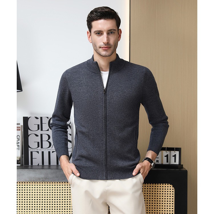 Suéter de lana de hombre cardigan de punto otoño invierno grueso chaqueta de lana pura de mediana edad papá cremallera cuello vertical suéter