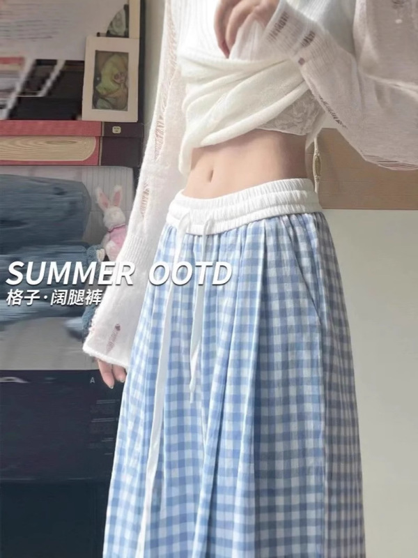 ピンクの格子柄ワイドパンツ レディース 夏 薄手 ゆったり カジュアル ストレート ドレープ ロングパンツ ハイウエスト 着痩せ効果|undefined