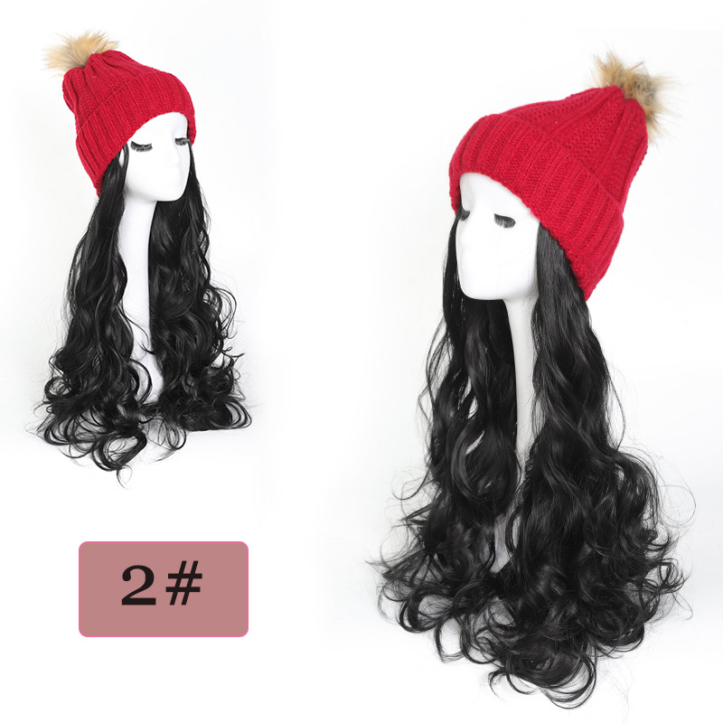 ladies knitted hat wool ball hat wig chemical fiber 45cm plus velvet winter wool hat hat wig_voghion.com