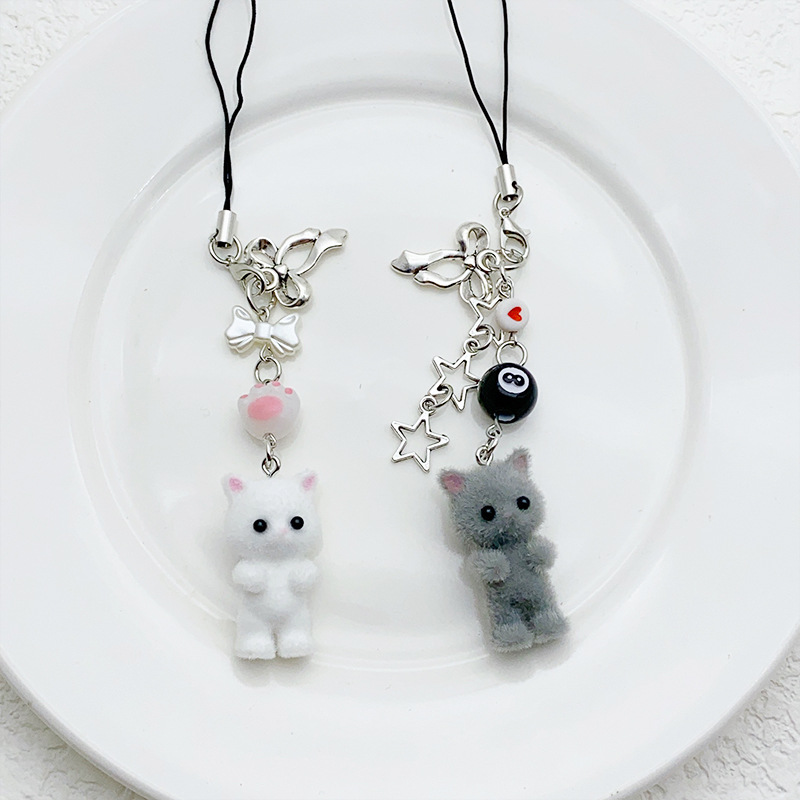Beaded, Alloy, Flocking Material Cute Star Cat Beaded Alloy Flocking Bag Pendant Keychain