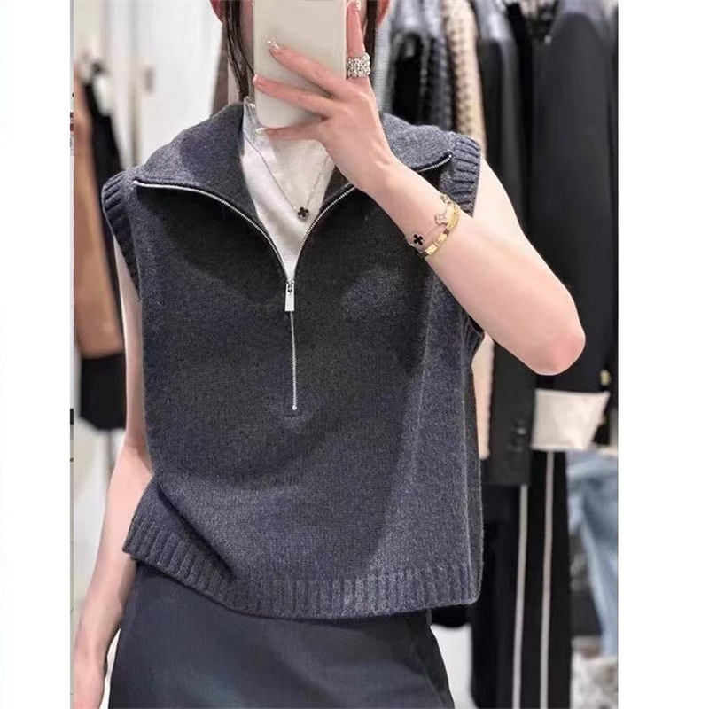 2025 新しいニットベスト女性のための春と秋の多用途ハイカラージッパー無地ルーズノースリーブベストトップ|undefined