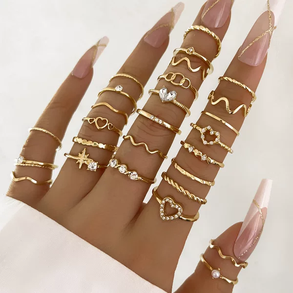 28-Piece Set of Cross-Border Best-Selling Shein Temu Simple Diamond-Encrusted Heart Wave Rings, Gold Geometric Joint Rings