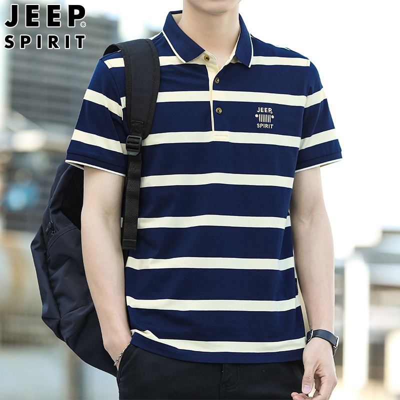 JEEP SPIRIT Men's Summer New Short-sleeved Polo Shirt Mid-youth Business Lap Striped T-shirt