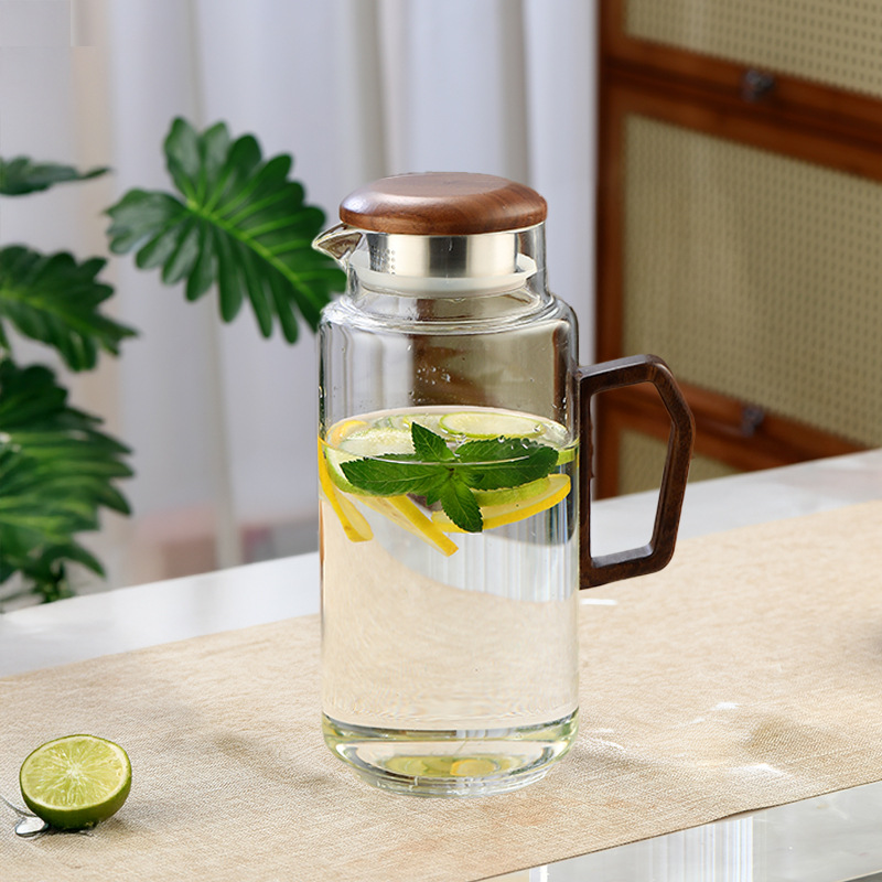 Botella de agua fría de vidrio, taza de agua, olla fría de madera de vidrio para el hogar, olla de té retro resistente al calor, taza de té, juego de agua image 8
