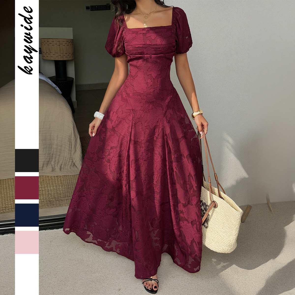 Women Retro Vintage Square Neck Puff Sleeve Jacquard Textured High Waist Slim Fit Dress Casual Party Wear_ecoleips.com