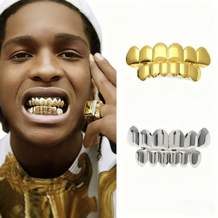 European and American HIPHOP Hip Hop gold braces Teeth Grillz real gold plating decorative props smooth teeth accessories