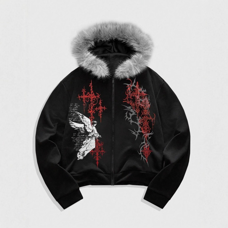 Subculture Dark Style Fur Collar Sweatshirt with Angel Print Red and Black Thorn Decoration Loose Zipper Autumn and Winter Hooded Subculture Dark Style Fur Collar Sweatshirt with Angel Print Red and Black Thorn Decoration Loose Zipper Autumn and Winter Hooded