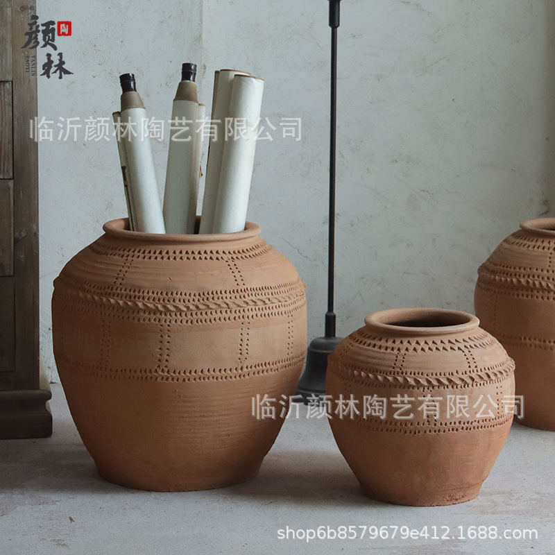 Gran barro de barro de barro antiguo vasijas de tierra vasijas de flores de cerámica gruesa sala de estar modelo de vivienda decoración de la sala de decoración de la ventana silenciosa