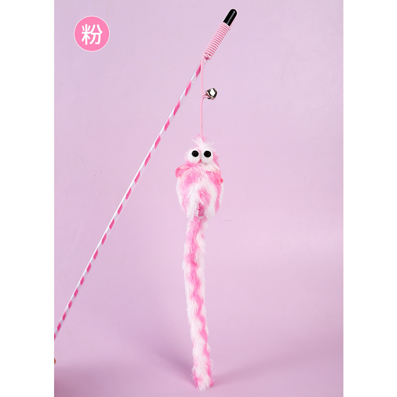 En stock al por mayor varilla elástica campana cebo gato juguete caramelo color felpa cola larga ratón rayas divertido gato palo