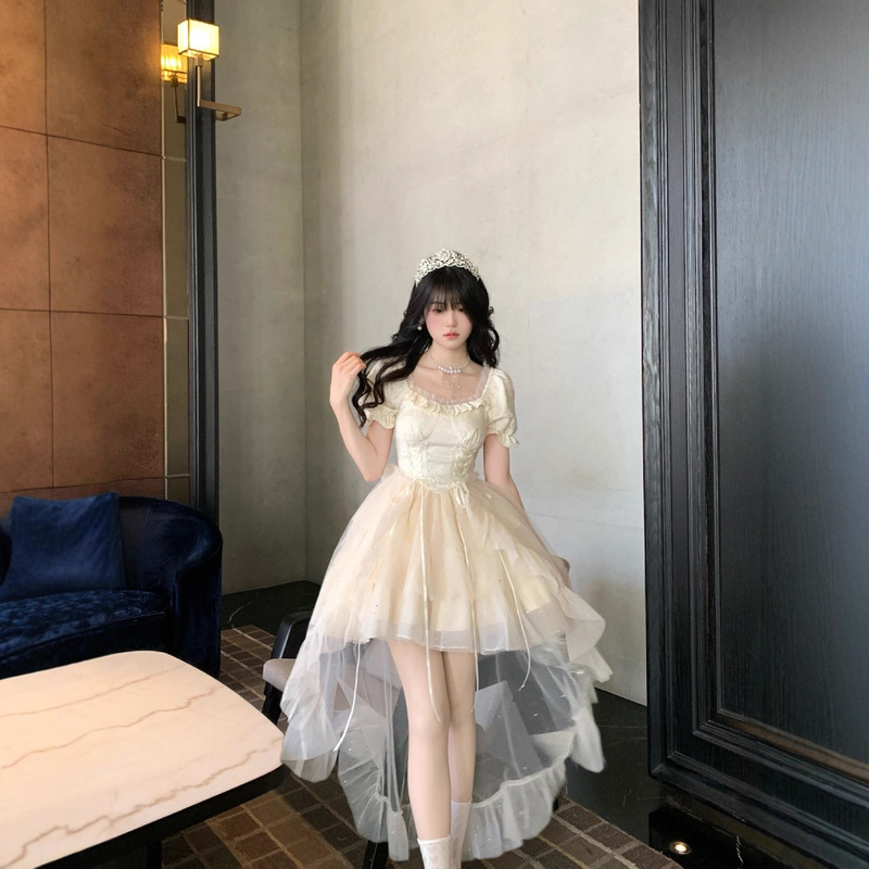 半盏情话 大蝴蝶结网纱公主裙提花蓬蓬细闪拖尾连衣裙生日裙|undefined