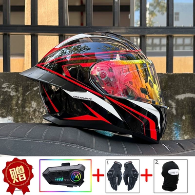 Motosiklet dəbilqələri: for men and women, Bluetooth open-face helmet - m-red-track-fantasy-red-night-vision-capable-y10-bluetooth-hard-microphone