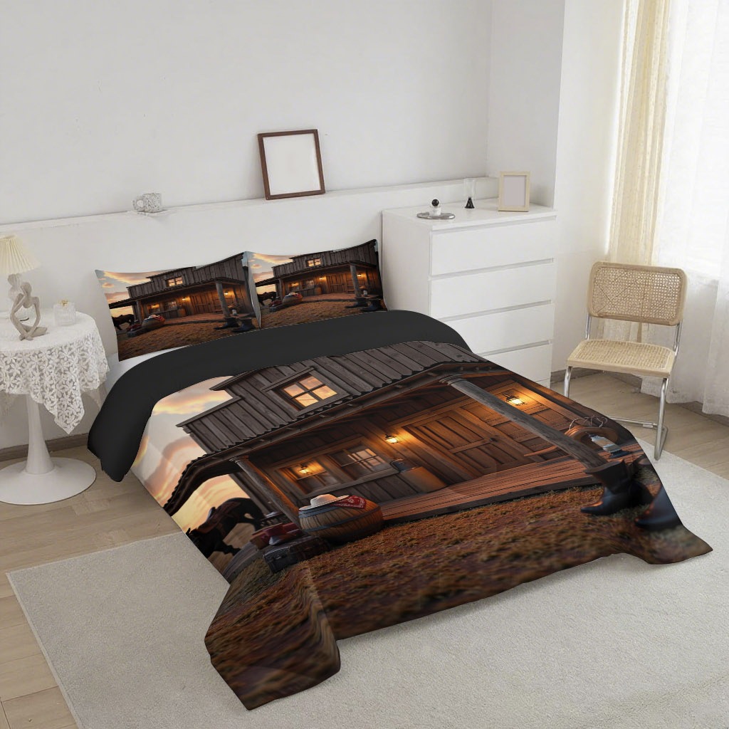 TEMU / JIT transfronterizo cálida casa de madera 3D impresión digital 180gms colcha colcha almohada conjunto de dibujo se puede ajustar