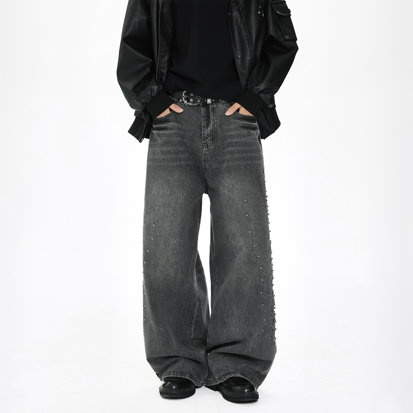 潮牌蛇瞳脊骨小众复古水洗脊骨金属柳钉刺绣设计感男女牛仔裤