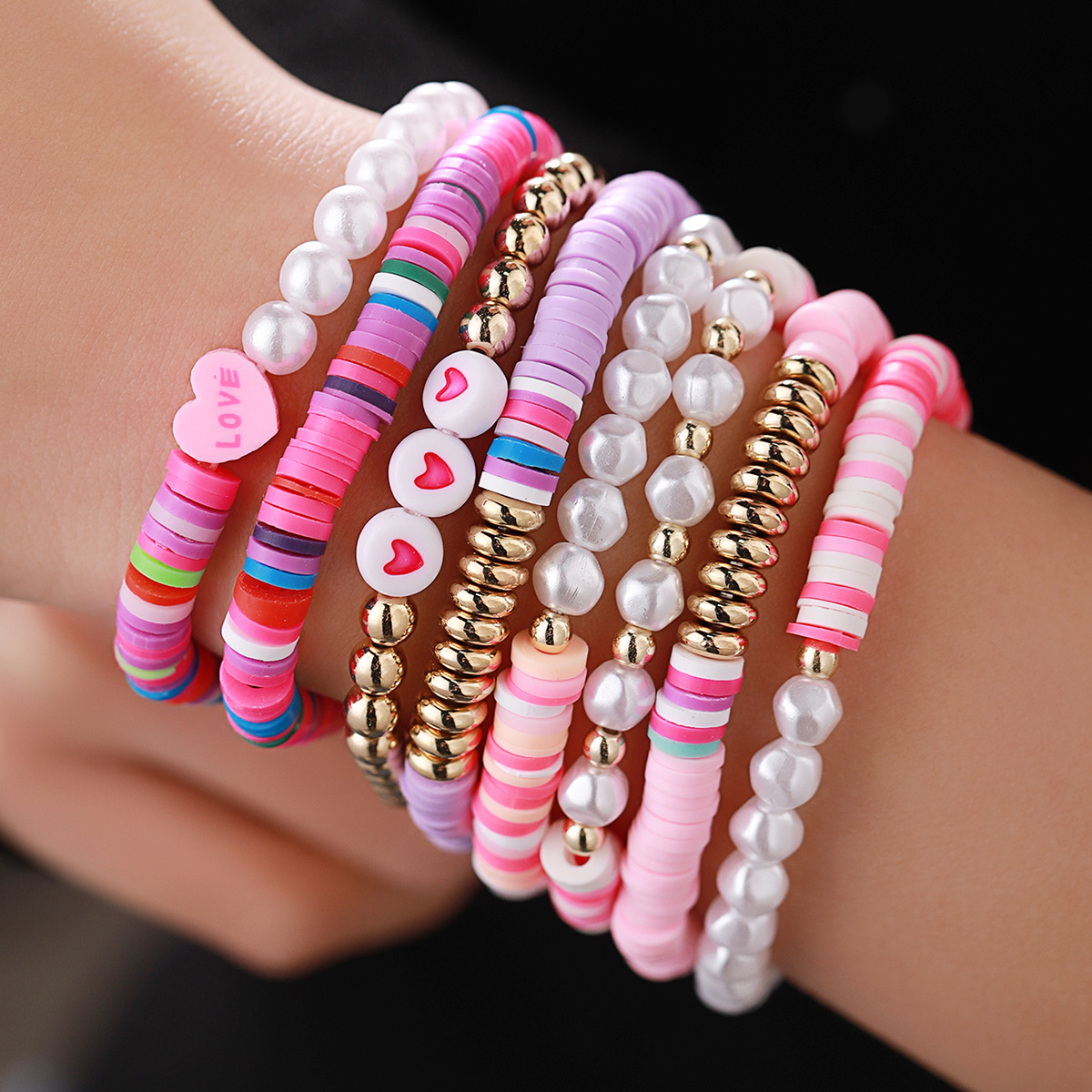 1 Set Quantity Sweet Letter Heart Shape Artificial Pearl Soft Clay Beaded Women's Bracelets