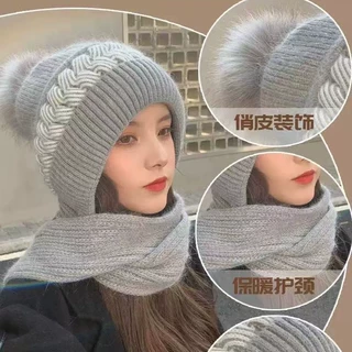 帽子围巾一体女冬围脖可爱韩版时尚百搭秋冬季保暖加厚针织毛线帽