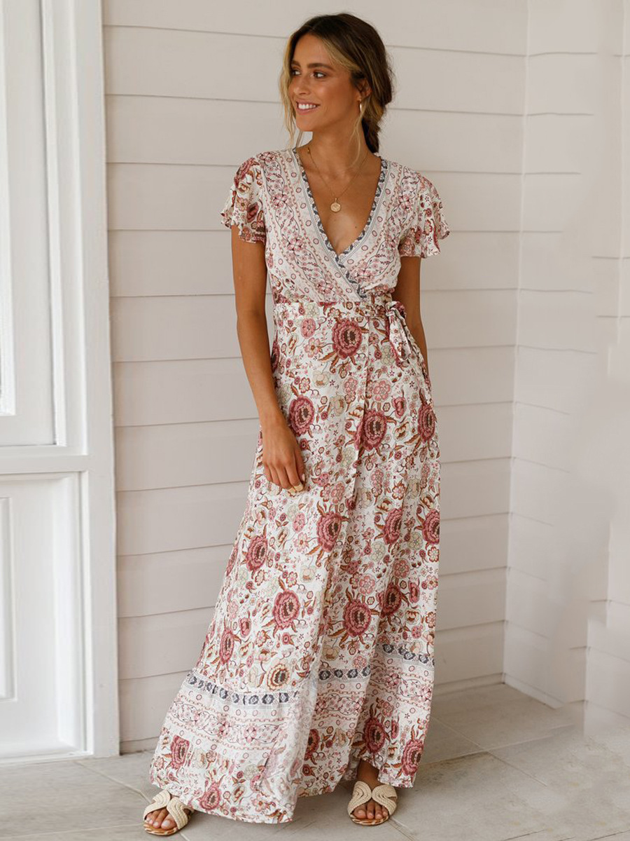 Summer Best-selling Women's Clothing, Wish Hot-selling Bohemian Printed , Short-sleeved Beach Vacation Long_ecoleips.com
