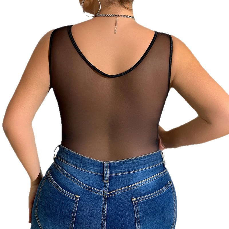 Chica caliente negra transfronteriza costura de encaje en forma de diamante delgado encaje europeo y americano sexy top de una pieza de gran tamaño MM delgado