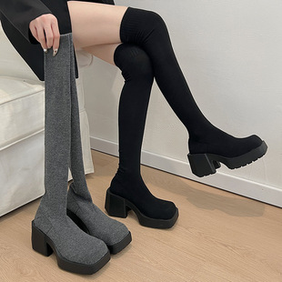 Internet Celebrity Knitted Over-the-Knee Boots Women's Spring and Autumn 2024 High-heeled Stretch Socks Boots Women's Thick-heeled Long-barreled Thin Boots