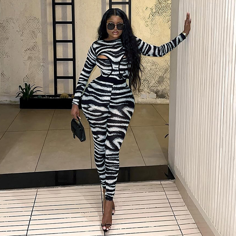 J25St306 European and American Export Autumn and Winter Women's Zebra Pattern Cut Out One-Piece Top with Tight Pants Sexy Suit