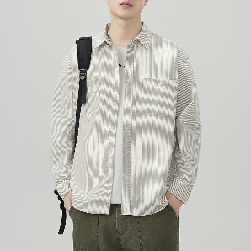 新款T742春秋款日系复古男士宽松牛津纺纯棉衬衫休闲美式百搭衬衣