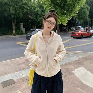 [350g double-sided Austrian grain velvet] hooded zipper sweater coat women's lazy wind slim long sleeve cardigan top