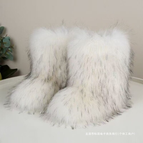 Eurasian fluffy snow boots with mid-calf length, winter new style sleeve boots, thickened imitation fox fur mid-calf snow boots
