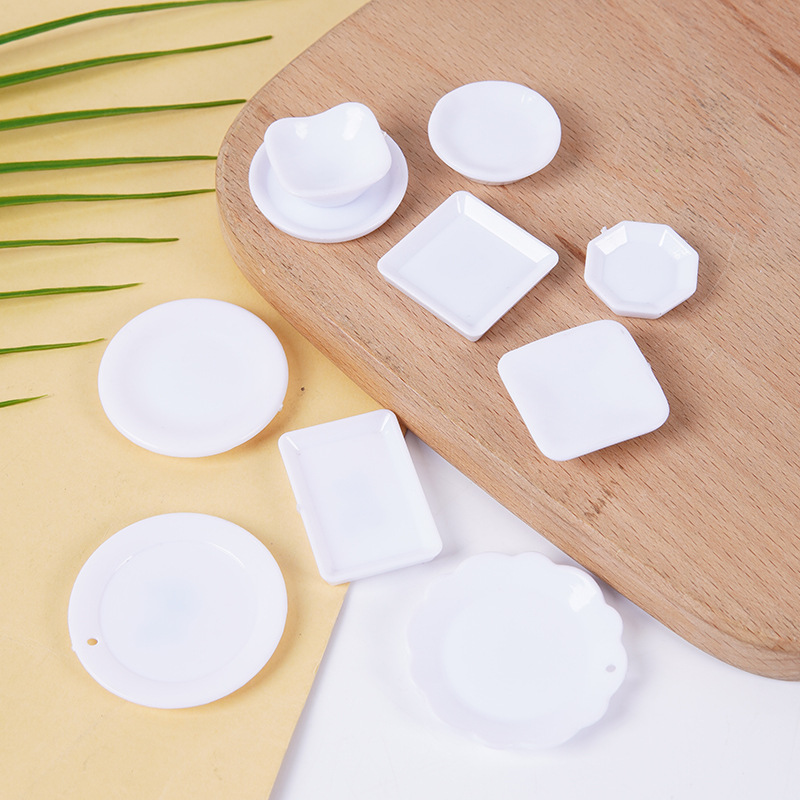 Plato pequeño de plástico blanco simulado para comida, mini plato de comida rápida, plato para bricolaje, juguete de comida, contenedor para pegamento en crema, accesorios.